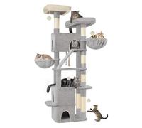 Hzuaneri Rascador grande, 185 cm, estable con 6 columnas para rascar, 3 cuevas, 2 plataformas de observación, 2 cestas, 4 bolas de peluche, árbol rascador para gatos de varios niveles, gris claro
