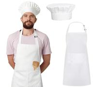HZYIQ Set de Gorro de Cocina y Delantal para Hombres Mujeres Adulto, Delantal de Cocina Impermeable Ajustable con 2 Bolsillos y Profesional Gorro de Chef Elástico para Cocina (Blanco)