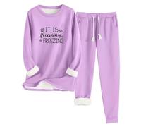 I Am Freaking Freezing - Conjunto de pijama de invierno con forro polar, camiseta térmica de manga larga gruesa y pantalones deportivos, 2 piezas, pijamas cálidos, informales, cuello redondo, suaves y