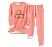 I Am Freaking Freezing - Conjunto de pijama de invierno con forro polar, camiseta térmica de manga larga gruesa y pantalones deportivos, 2 piezas, pijamas cálidos, informales, cuello redondo, suaves y