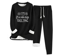 I Am Freaking Freezing - Conjunto de pijama de invierno con forro polar, camiseta térmica de manga larga gruesa y pantalones deportivos, 2 piezas, pijamas cálidos, informales, cuello redondo, suaves y
