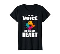 I Am His Voice He Is My Heart - Hijo de Conciencia sobre el Autismo Camiseta gráfica económica, Mujer, Negro, S