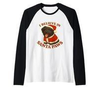I Believe In Santa Paws Perro Ruso Negro Mamá Papá Navidad Camiseta Manga Raglan