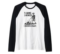 I Came I Mowed I Kicked Grass Skeleton Mower Padre Divertido Camiseta Manga Raglan