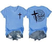 I Can Do All Things Through Christ Who Strengthens Me Camisa de fe cristiana para mujer con cuello en V, Azul (carolina blue), S