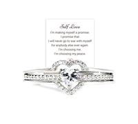 I Choose Me - Anillos de corazón en capas para mujer, 2 unidades, anillo de corazón S925 con texto en inglés "Remind You That Self-Love Is The Best Kind Of Love", anillo inspirador alentado para