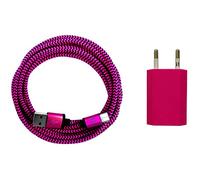 i! - Fuente de alimentación USB de 1 A + 2 m de nailon de alta calidad USB-C cable de carga rápida, cable de datos para teléfono móvil, tableta, smartphone, color rosa