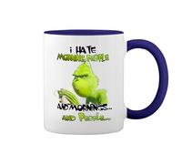 I hate morning people and mornings and people grinch Blanca taza de café con el borde azul y la manija Mug