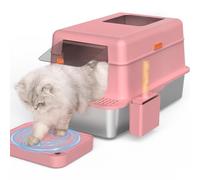 I IHAYNER Bandeja de arena para gatos de acero inoxidable XXL con tapa, caja de arena de metal a prueba de fugas con tapa abatible de 105° y control de olores de carbón activado, inodoro cerrado