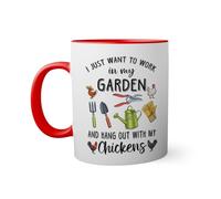 I just want to work in my garden and hang out with my chickens Taza de color roja con mango a juego taza 330ml