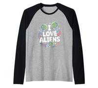 I Love Aliens Lindo Dibujos Animados Astronautas Diversión Camiseta Manga Raglan