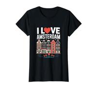 I Love Amsterdam Tulip Canal Casas Camiseta gráfica económica, Mujer, Negro, L