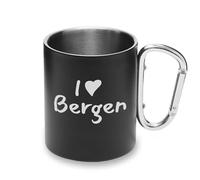 I Love Bergen City Travel Norway Taza de metal con asa de mosquetón, taza de camping