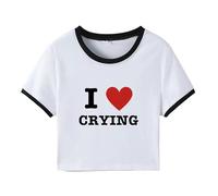 I Love Crying Camiseta Crop Mujer Y2K Tops Cortos E-Girls Teen Cuello Redondo Manga Corta Camisetas Slim Fit Ropa de Calle