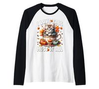I Love Fall Most of All with Autumn Leaves and Cute Fall Cat Camiseta Manga Raglan