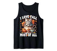 I Love Fall Most of All with Autumn Leaves and Cute Fall Cat Camiseta sin Mangas