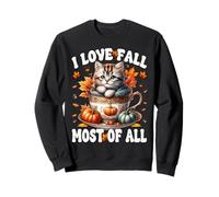 I Love Fall Most of All with Autumn Leaves and Cute Fall Cat Sudadera