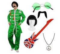 I LOVE FANCY DRESS Conjunto de disfraz de banda retro verde para hombre, talla L, chaqueta de estilo sargento, peluca, gafas verdes, bigote, guitarra de la bandera británica y collar de la paz