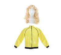 I LOVE FANCY DRESS Conjunto de disfraz de chaqueta amarilla y peluca rubia, chaqueta brillante con peluca larga rubia, paquete completo de Halloween, cosplay, fiesta temática, festival