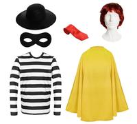 I LOVE FANCY DRESS Conjunto de disfraz de ladrón de dibujos animados para adultos, pequeño, parte superior a rayas, capa amarilla, peluca roja, sombrero y accesorios