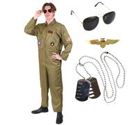 I LOVE FANCY DRESS Disfraz de aviador de pilotos del día VE para adultos, talla L, overol de piloto de aviador, traje de aviador, gafas de sol, insignia de piloto y placas de perro