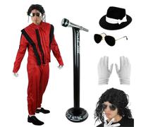 I LOVE FANCY DRESS Disfraz de rey del pop para adultos, chaqueta y pantalones rojos estilo thriller, gafas de aviador, sombrero blanco y negro, guantes blancos, peluca negra rizada y micrófono
