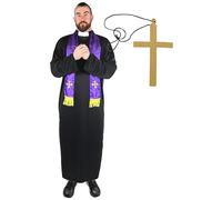 I LOVE FANCY DRESS DISFRAZ DE SACERDOTE PARA HOMBRE CON CRUZ - LARGA TÚNICA NEGRA CON CUELLO BLANCO + BUFANDA MORADA CON CRUZ DE ORO BORDADA + COLLAR DE CRUZ DE ORO - TALLA: XX-GRANDE
