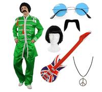 I LOVE FANCY DRESS Green Sgt. Pepper - Juego de disfraz inspirado en pimienta - Mediano - Incluye chaqueta, peluca, guitarra inflable de Union Jack, gafas redondas, bigote y collar de paz