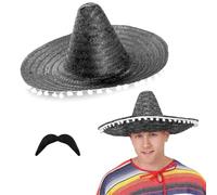 I LOVE FANCY DRESS Juego de accesorios para sombrero, paquete de 48, sombrero negro con pompones blancos y bigote mexicano, accesorios para fiestas unisex
