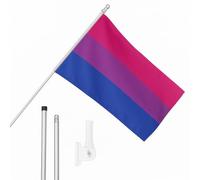 I LOVE FANCY DRESS Juego de bandera bisexual, mástil y soporte de pared, bandera de 5 x 3 pies con ojales, poste extensible y soporte, festivales y celebraciones del mes del orgullo LGBTQ+ decoración