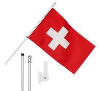 I LOVE FANCY DRESS Juego de bandera, mástil y soporte de pared, bandera de Suiza de 5 x 3 pies con ojales, poste extensible y soporte, decoración para interiores y exteriores