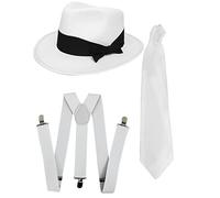 I LOVE FANCY DRESS LTD Equipo DE Accesorios DE Disfraz DE Gangster Sombrero Trilby Blanco O Negro + Tirantes Blancos + Corbata Blanca Mafia GÁNGSTER Hombres AL Capone Gatsby (Sombrero Blanco)