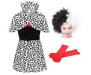 I LOVE FANCY DRESS niña Evil Perro Mujer Dálmata Estampado Disfraz & Peluca Ideal para niña Semana del Libro De Escuela + Carnaval Disfraz - Negro, 10-12 Years
