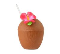 I LOVE FANCY DRESS Novedoso vaso con forma de coco con flor de hibisco rosa y pajita blanca, paquete de 1, accesorio de fiesta tropical hawaiano Luau para temas de playa de verano y celebraciones de