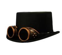 I LOVE FANCY DRESS SOMBRERO DE COPA DE RASO VICTORIANO NEGRO STEAMPUNK CON ANTEOJOS DE BRONCE - ACCESORIO DE DISFRAZ STEAMPUNK PERFECTO