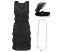 I LOVE FANCY DRESS Vestido de Aleta de Lujo Negro - Small - Dames Deluxe Negro Flapper Disfraz con Banda para Lentejuelas a Juego y Collar de Perlas Plateadas - Vestido de Fiesta de 1920 (34/36)
