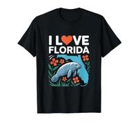 I Love Florida Manatí Mapa Flores Camiseta gráfica económica, Hombre, Negro, S