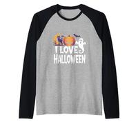 I Love Halloween Fantasma Calabaza Gato Luna Camiseta Manga Raglan