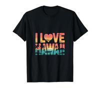 I Love Hawaii Retro Palmeras Océano Puesta del Sol Camiseta gráfica económica, Hombre, Negro, L