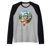 I Love Hiking Raccoon BBQ Nature Camping Outdoor Camiseta Manga Raglan