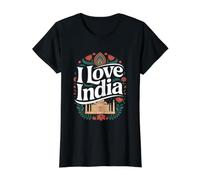 I Love India Taj Mahal Arte Floral India Camiseta gráfica económica, Mujer, Negro, L