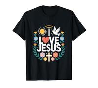 I Love Jesus Dove Sun Cross Arte Floral Camiseta gráfica económica, Hombre, Negro, S