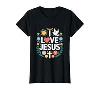 I Love Jesus Dove Sun Cross Arte Floral Camiseta gráfica económica, Mujer, Negro, S