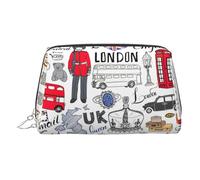 I Love London - Neceser de piel de primera calidad con estampado de Londres, bolsa de maquillaje plana e impermeable, Silver, Talla única