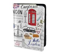 I Love London - Soporte para pasaporte con impresión «Travel Essentials», cartera antirrobo para tarjetas y pasaportes, tamaño para adaptarse a todos los pasaportes estándar