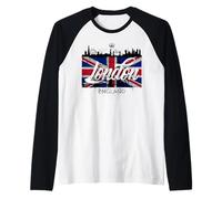 I Love London UK Flag with London Skyline Graphic London Camiseta Manga Raglan