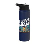 I Love Miami Art Deco Palmeras Flamencos Stainless Steel Insulated Water Bottle
