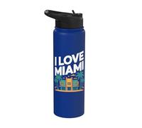 I Love Miami Art Deco Palmeras Flamencos Stainless Steel Insulated Water Bottle