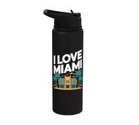 I Love Miami Art Deco Palmeras Flamencos Stainless Steel Insulated Water Bottle
