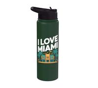 I Love Miami Art Deco Palmeras Flamencos Stainless Steel Insulated Water Bottle
